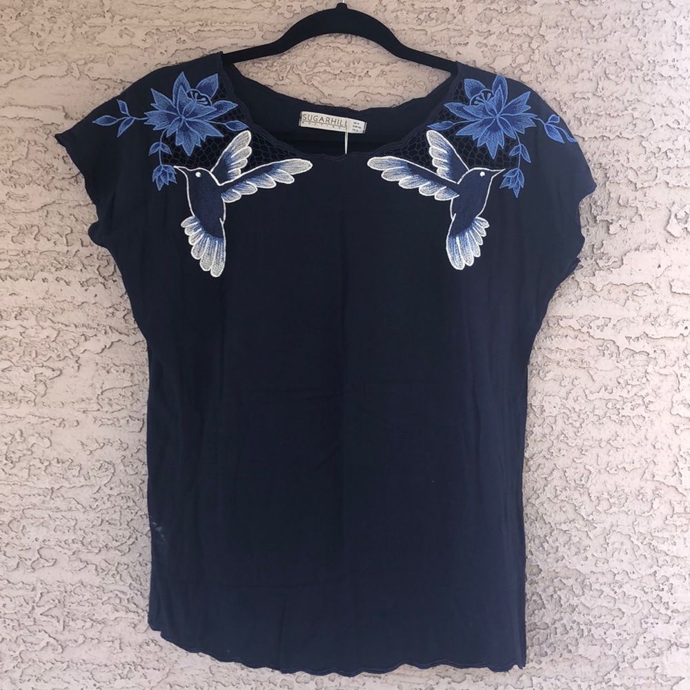 Embroidered humming bird blouse